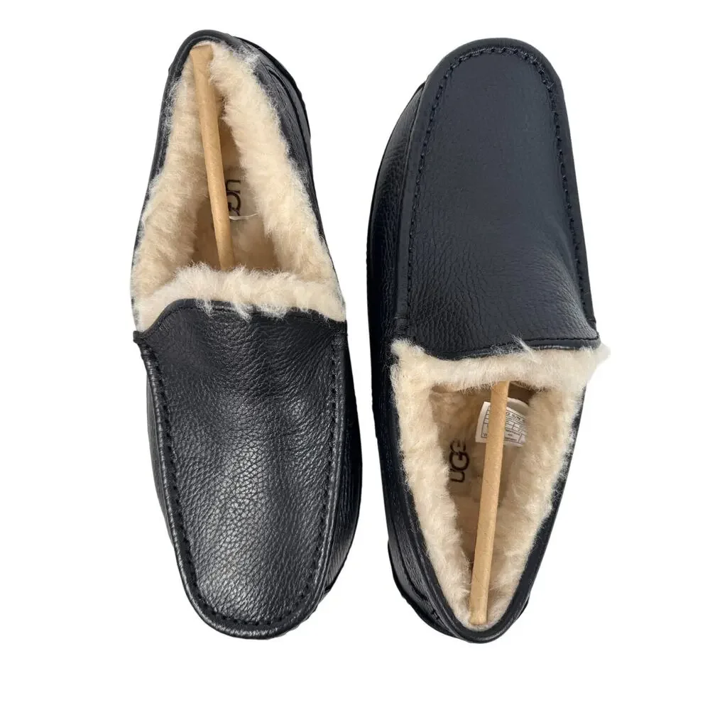 Ugg Ascot Slipper Mens Size 8 Black‎ Leather Slip On Lined